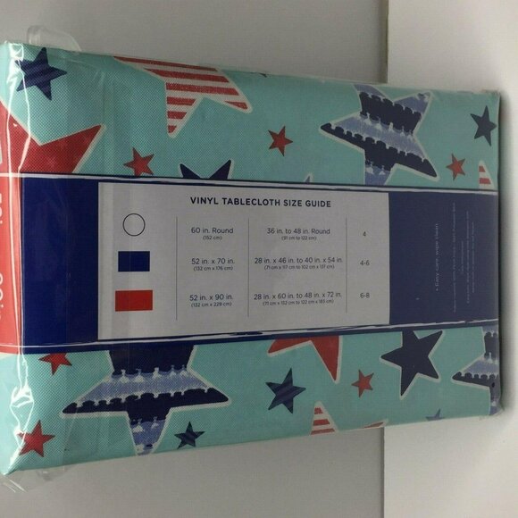 Patriotic PEVA Tablecloth 52 In X 90 In Aqua Red White Blue Stars Rectangular - Picture 5 of 5